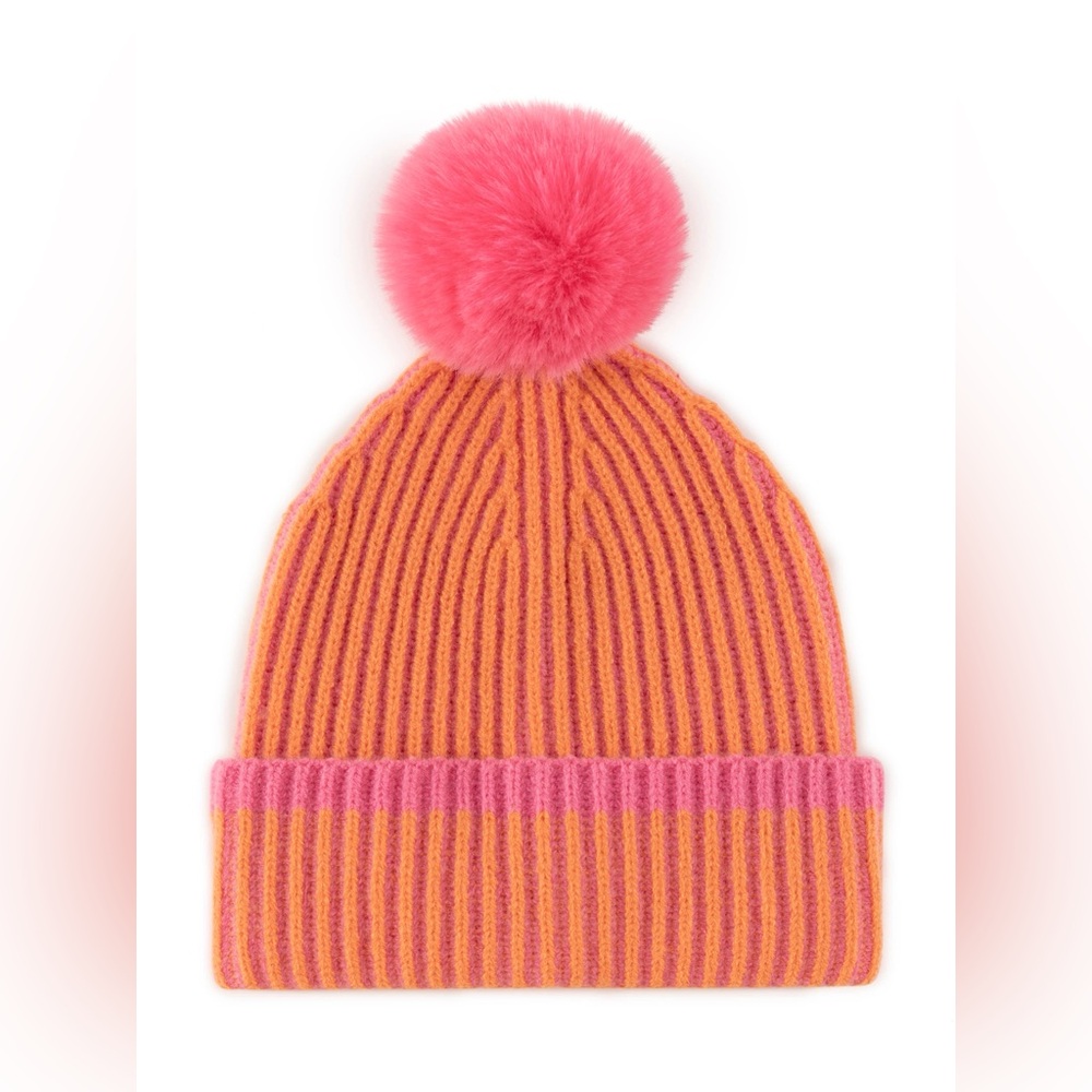 Shiraleah Pink and Orange Ribbed Pom Beanie